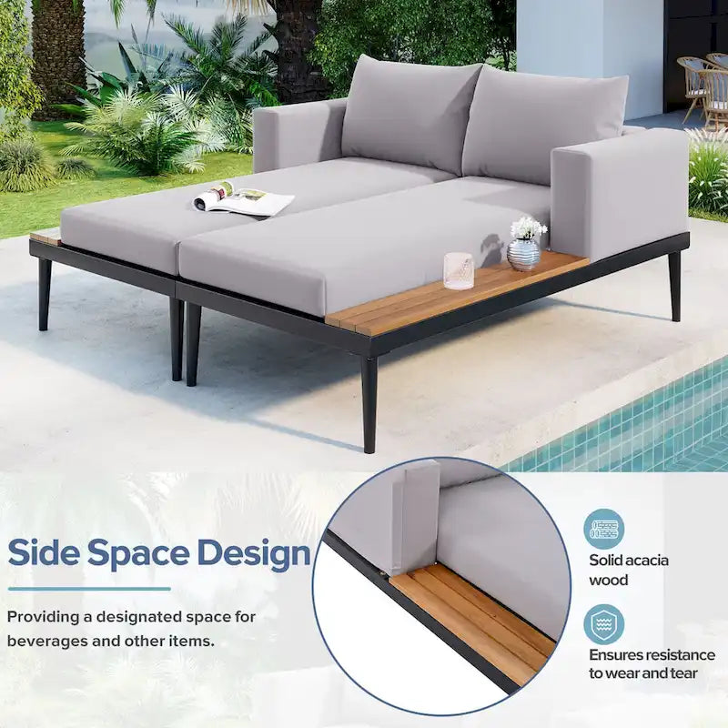 Chaise longue de jardin en métal, lit de repos extérieur 2 en 1 rembourré, chaise longue de jardin, chaise longue de piscine