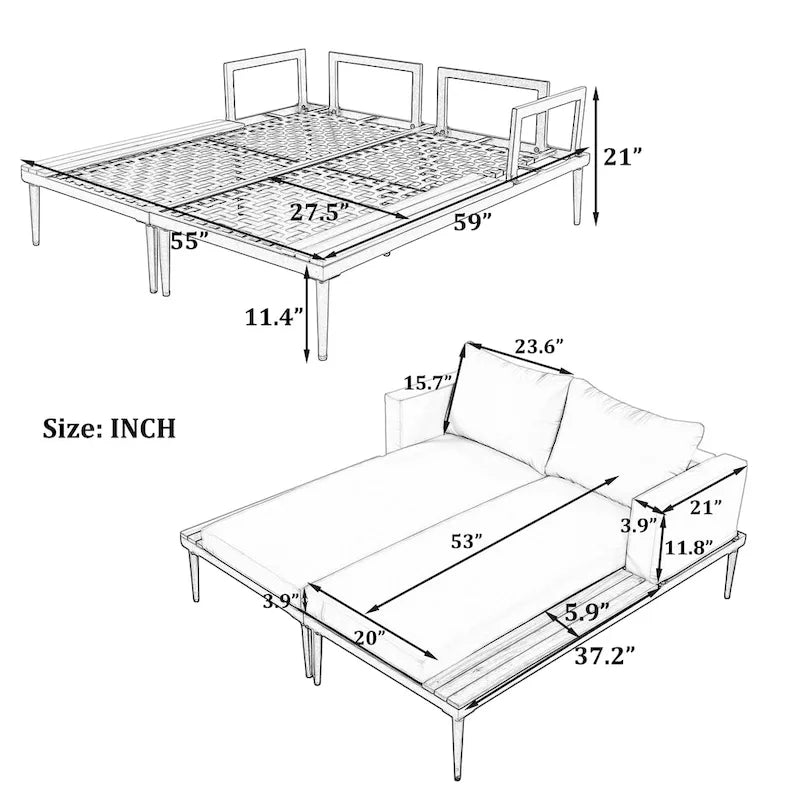 Chaise longue de jardin en métal, lit de repos extérieur 2 en 1 rembourré, chaise longue de jardin, chaise longue de piscine