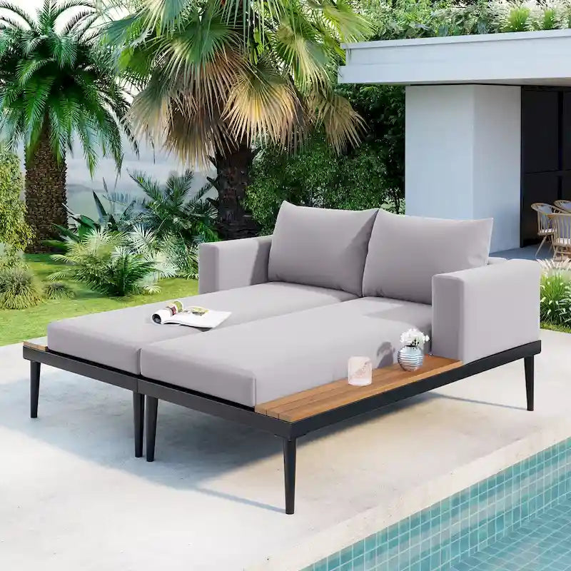 Chaise longue de jardin en métal, lit de repos extérieur 2 en 1 rembourré, chaise longue de jardin, chaise longue de piscine