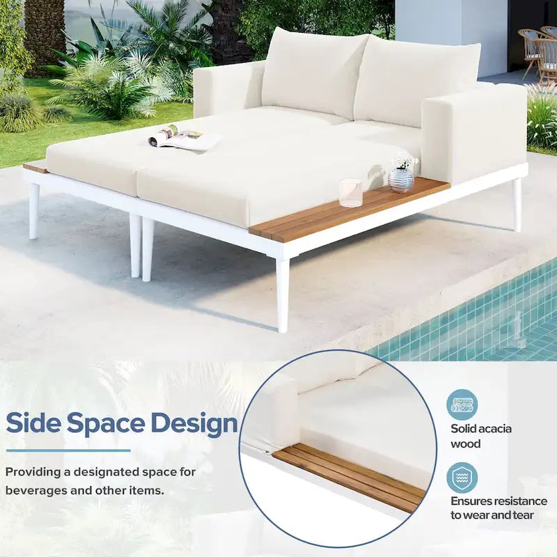 Chaise longue de jardin en métal, lit de repos extérieur 2 en 1 rembourré, chaise longue de jardin, chaise longue de piscine