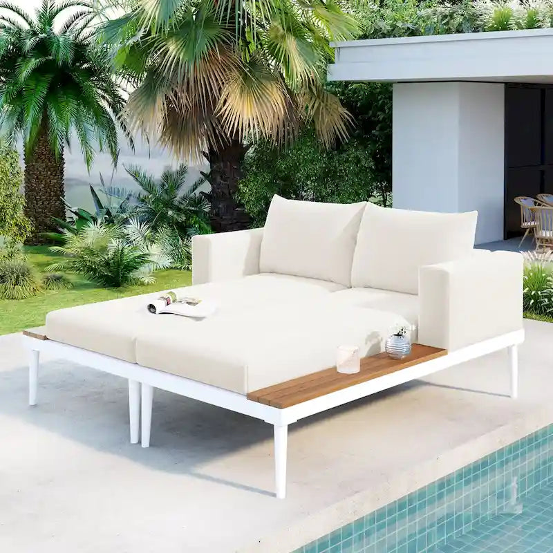 Chaise longue de jardin en métal, lit de repos extérieur 2 en 1 rembourré, chaise longue de jardin, chaise longue de piscine