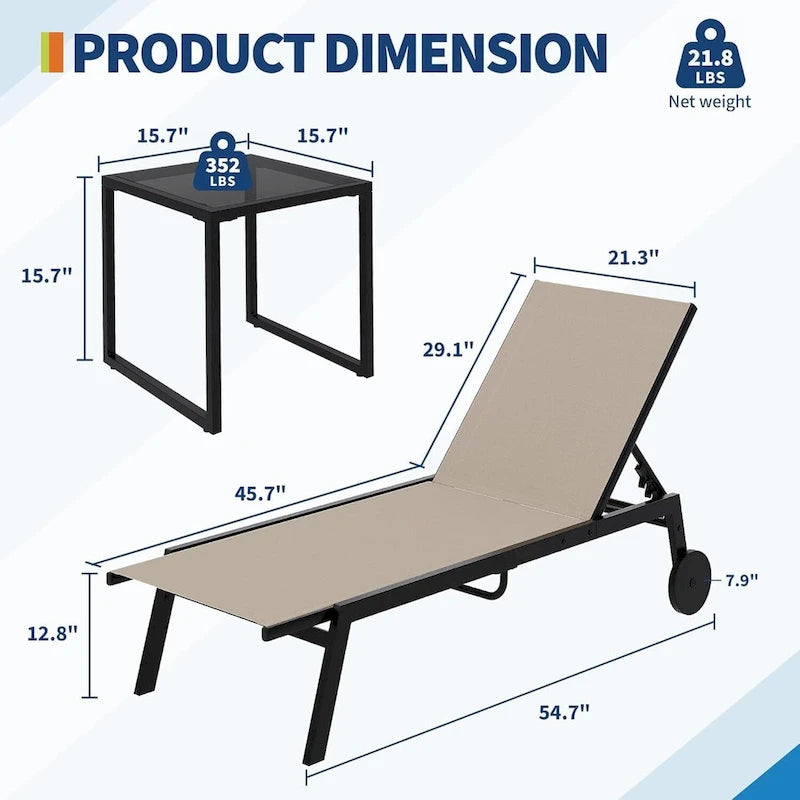 Lot de 3 Chaises Longues de Jardin avec Table d'appoint, Chaises Longues de Piscine à Dossier Réglable avec Roues