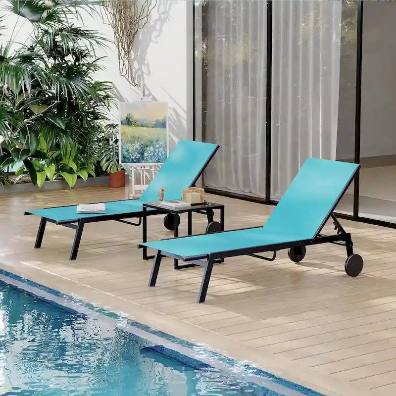Lot de 3 Chaises Longues de Jardin avec Table d'appoint, Chaises Longues de Piscine à Dossier Réglable avec Roues