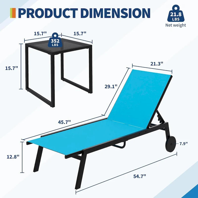Lot de 3 Chaises Longues de Jardin avec Table d'appoint, Chaises Longues de Piscine à Dossier Réglable avec Roues