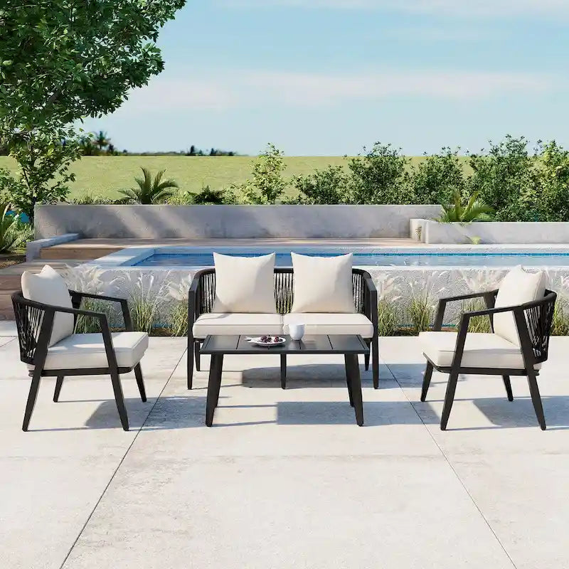 Chaises d'extérieur en métal avec table en fer pour terrasses (Lot de 4)