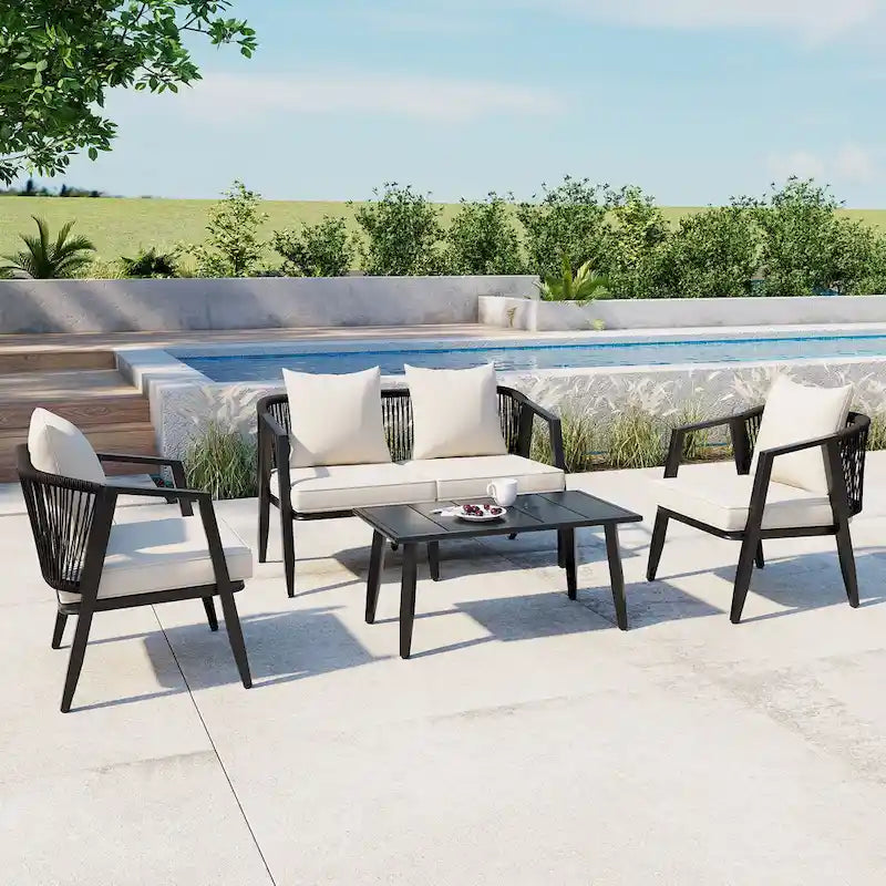 Chaises d'extérieur en métal avec table en fer pour terrasses (Lot de 4)