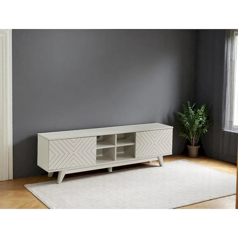 Meuble TV moderne Lucina avec armoire à 2 portes et 4 étagères ouvertes, meuble de divertissement pour salon