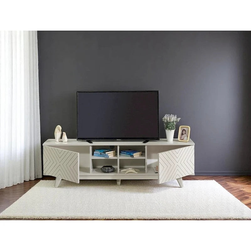Meuble TV moderne Lucina avec armoire à 2 portes et 4 étagères ouvertes, meuble de divertissement pour salon