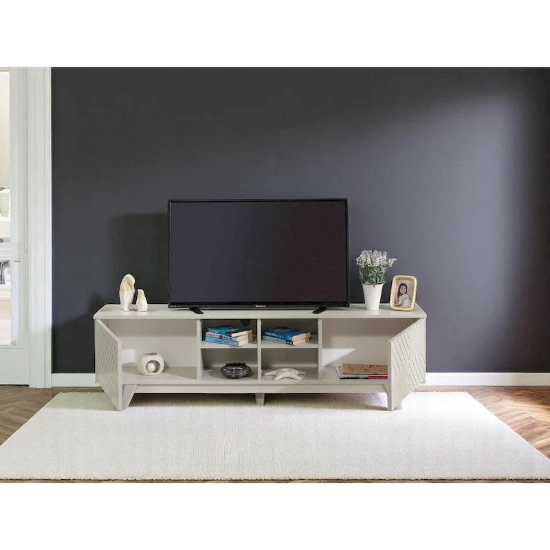 Meuble TV moderne Lucina avec armoire à 2 portes et 4 étagères ouvertes, meuble de divertissement pour salon