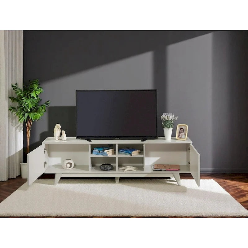 Meuble TV moderne Lucina avec armoire à 2 portes et 4 étagères ouvertes, meuble de divertissement pour salon