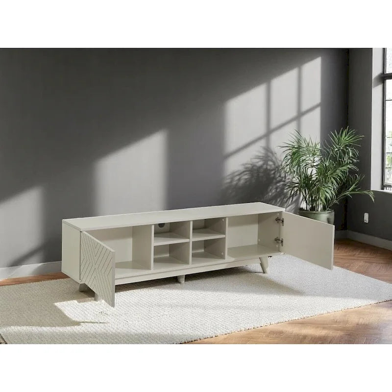 Meuble TV moderne Lucina avec armoire à 2 portes et 4 étagères ouvertes, meuble de divertissement pour salon