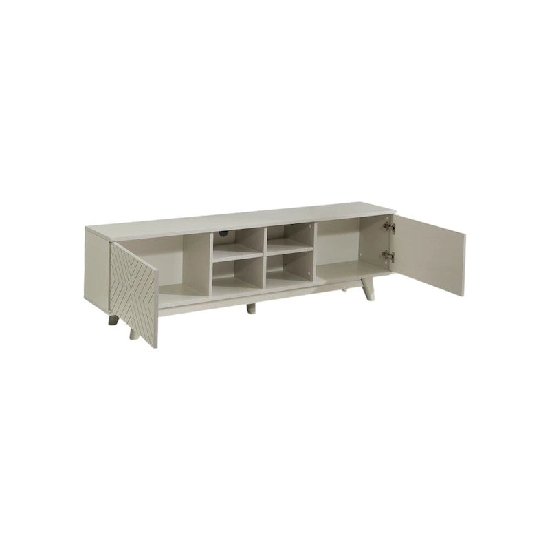 Meuble TV moderne Lucina avec armoire à 2 portes et 4 étagères ouvertes, meuble de divertissement pour salon