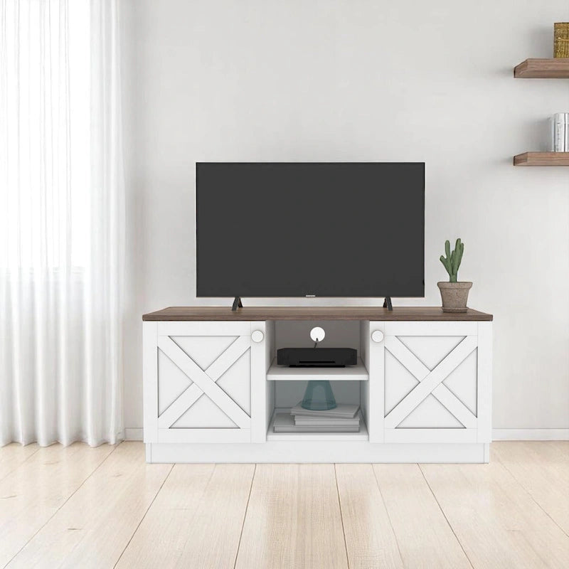 Meuble TV moderne Conte avec 2 portes de rangement, finition bois, centre de divertissement pour salon