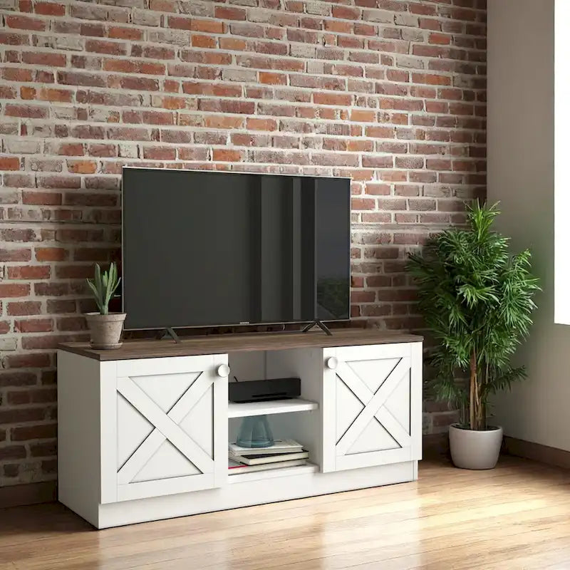 Meuble TV moderne Conte avec 2 portes de rangement, finition bois, centre de divertissement pour salon
