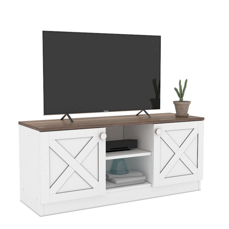 Meuble TV moderne Conte avec 2 portes de rangement, finition bois, centre de divertissement pour salon
