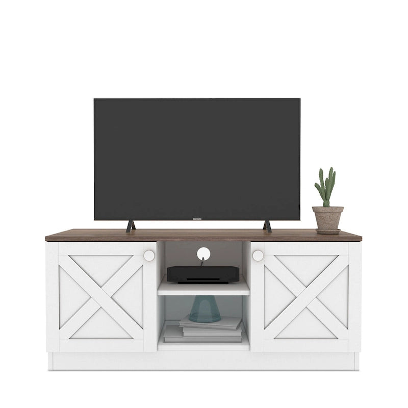 Meuble TV moderne Conte avec 2 portes de rangement, finition bois, centre de divertissement pour salon