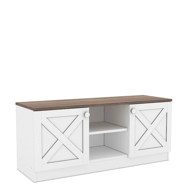 Meuble TV moderne Conte avec 2 portes de rangement, finition bois, centre de divertissement pour salon
