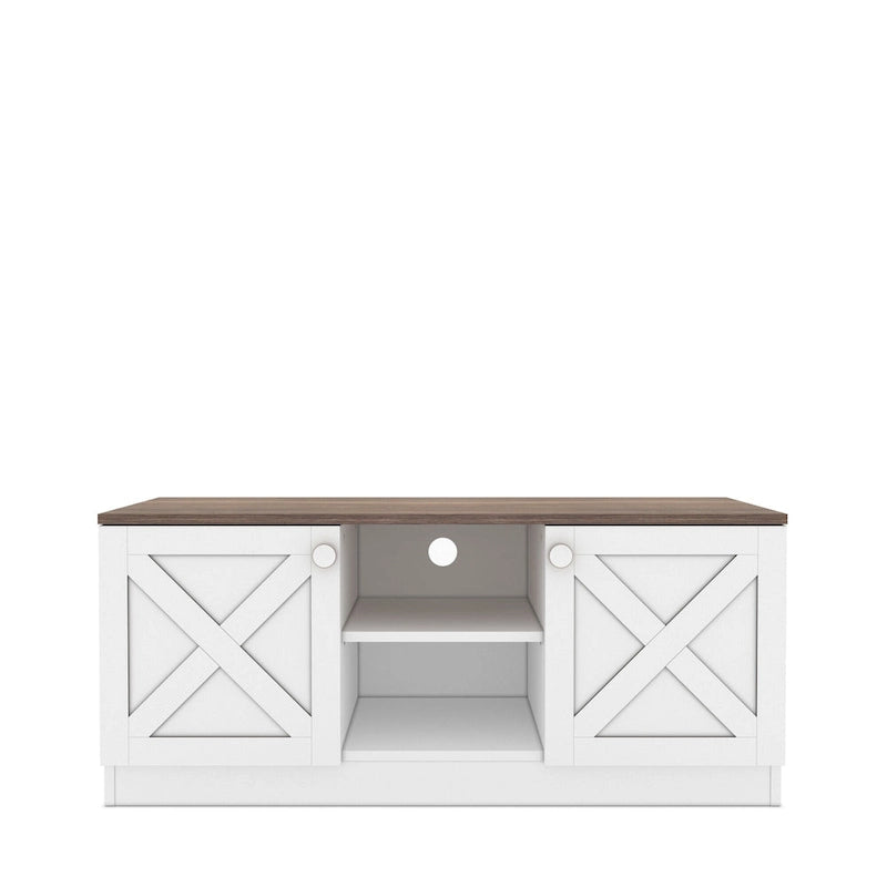 Meuble TV moderne Conte avec 2 portes de rangement, finition bois, centre de divertissement pour salon