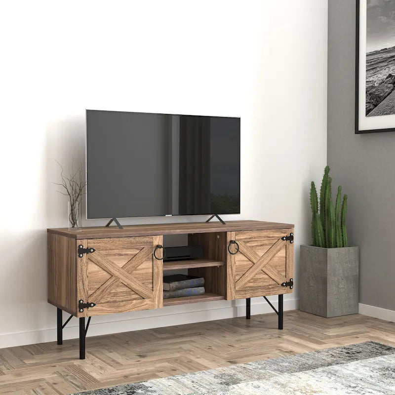 Meuble TV moderne Lila avec 2 portes et rangements, centre de divertissement pour salon