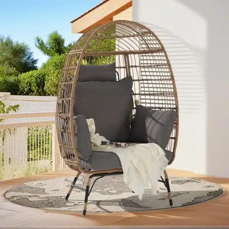 Luxury All-Weather Egg Chair, Oversized Rattan Hanging Chair for Patio, Balcony & Backyard, 6 Thick Fade-Resistant Cushions