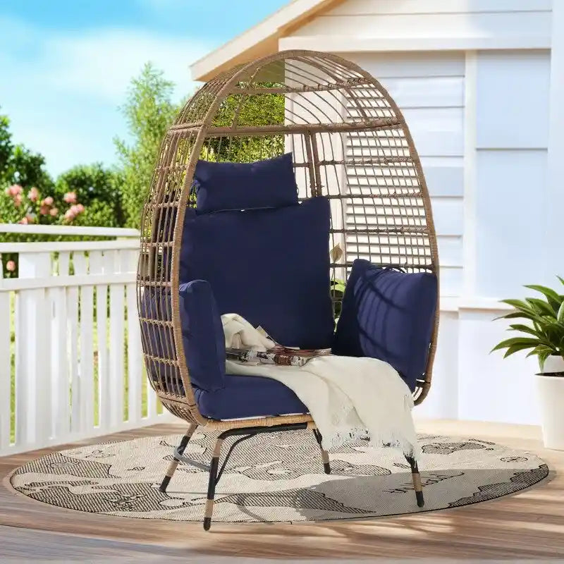 Fauteuil œuf de luxe toutes saisons, grand fauteuil suspendu en rotin pour patio, balcon et jardin, 6 coussins épais résistants à la décoloration