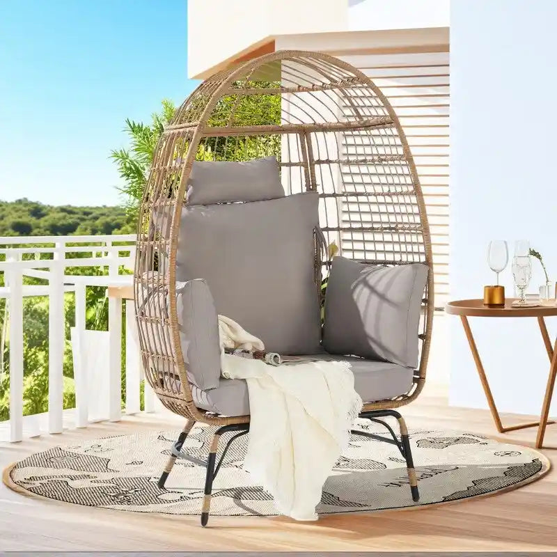 Fauteuil œuf de luxe toutes saisons, grand fauteuil suspendu en rotin pour patio, balcon et jardin, 6 coussins épais résistants à la décoloration