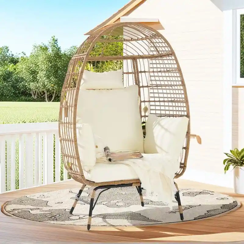Fauteuil œuf de luxe toutes saisons, grand fauteuil suspendu en rotin pour patio, balcon et jardin, 6 coussins épais résistants à la décoloration