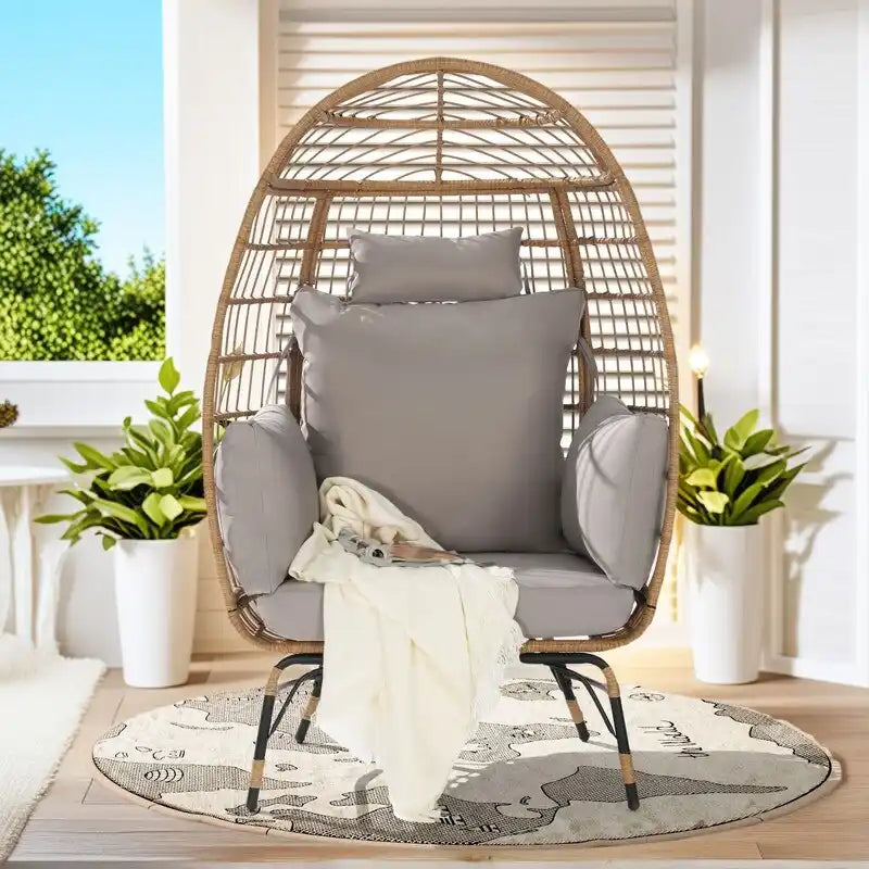 Fauteuil œuf de luxe toutes saisons, grand fauteuil suspendu en rotin pour patio, balcon et jardin, 6 coussins épais résistants à la décoloration