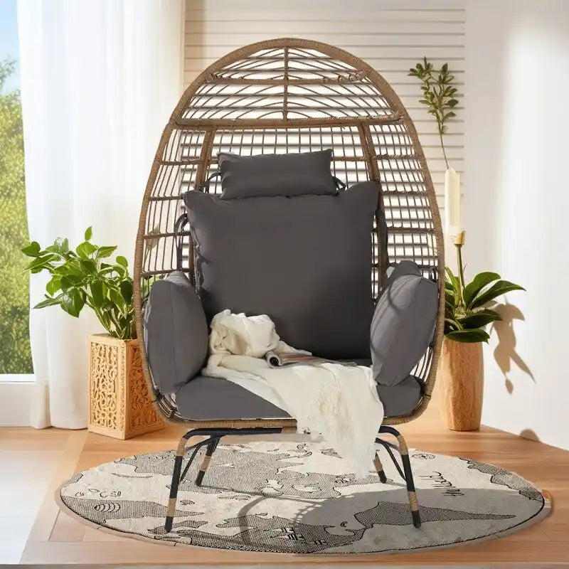 Fauteuil œuf de luxe toutes saisons, grand fauteuil suspendu en rotin pour patio, balcon et jardin, 6 coussins épais résistants à la décoloration
