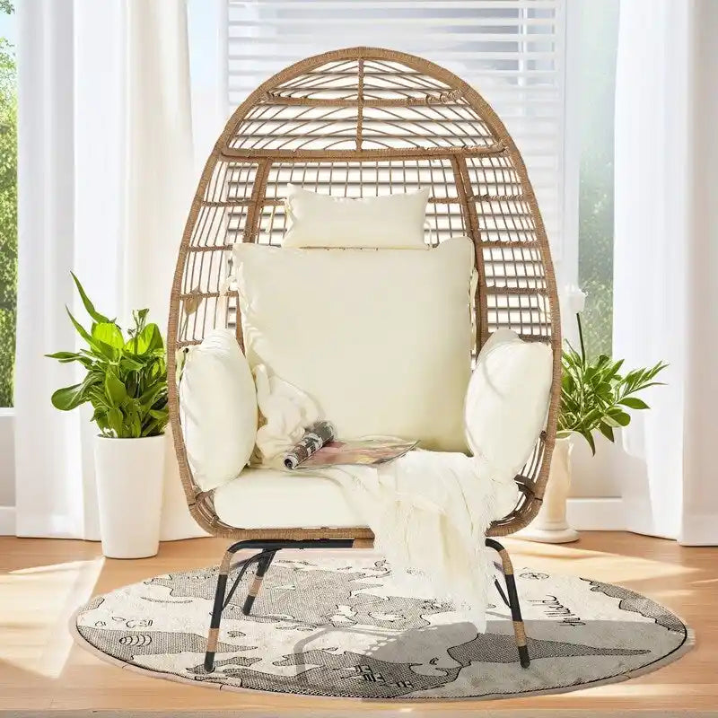 Fauteuil œuf de luxe toutes saisons, grand fauteuil suspendu en rotin pour patio, balcon et jardin, 6 coussins épais résistants à la décoloration