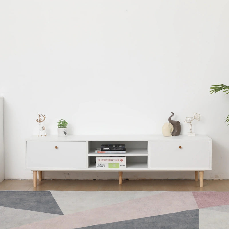 Meuble TV minimaliste blanc crème avec 2 armoires de rangement et 4 pieds en bois massif pour salon, home cinéma ou appartement