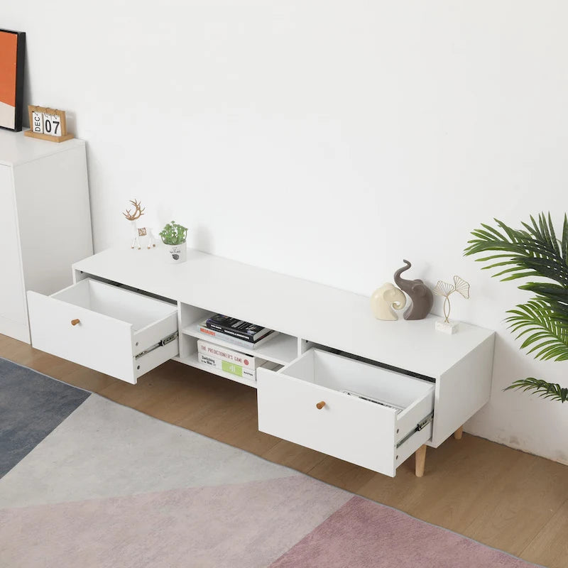 Meuble TV minimaliste blanc crème avec 2 armoires de rangement et 4 pieds en bois massif pour salon, home cinéma ou appartement
