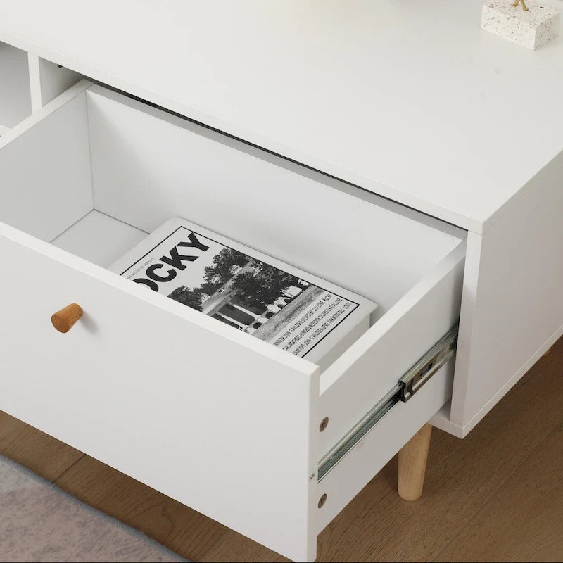Meuble TV minimaliste blanc crème avec 2 armoires de rangement et 4 pieds en bois massif pour salon, home cinéma ou appartement