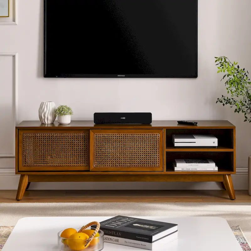 Meuble TV vintage en rotin avec 2 placards de rangement et 4 pieds en bois pour salon, chambre et bureau