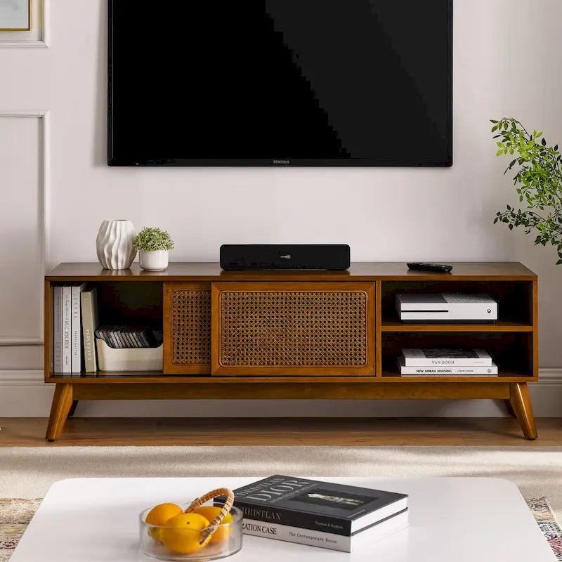 Meuble TV vintage en rotin avec 2 placards de rangement et 4 pieds en bois pour salon, chambre et bureau