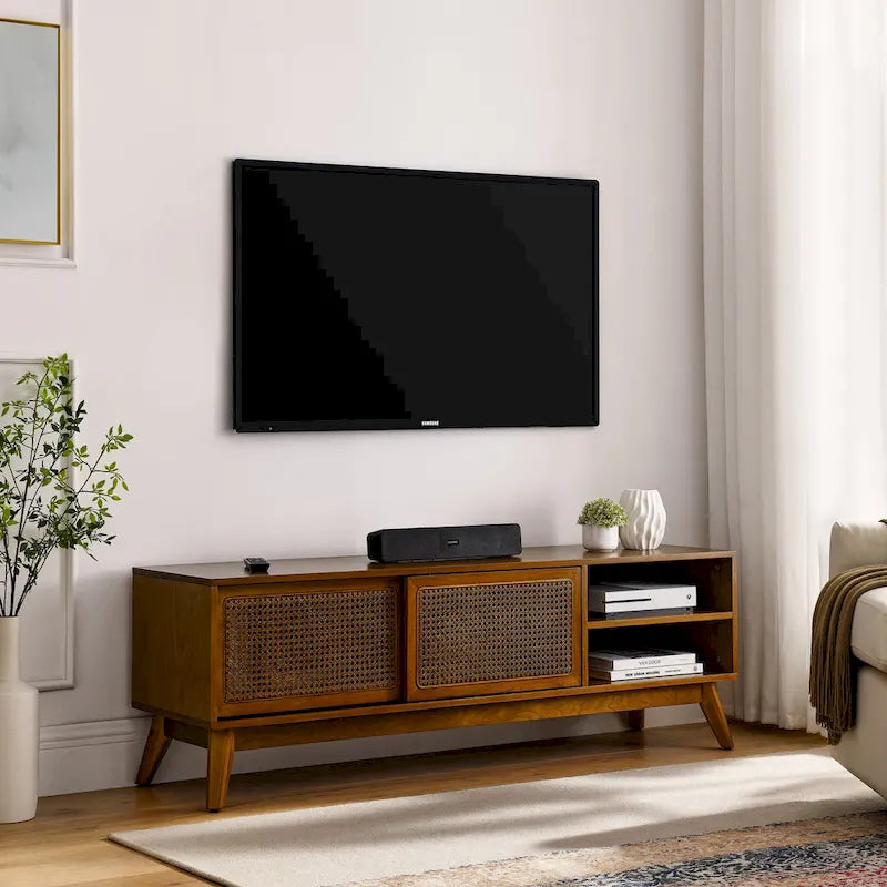 Meuble TV vintage en rotin avec 2 placards de rangement et 4 pieds en bois pour salon, chambre et bureau