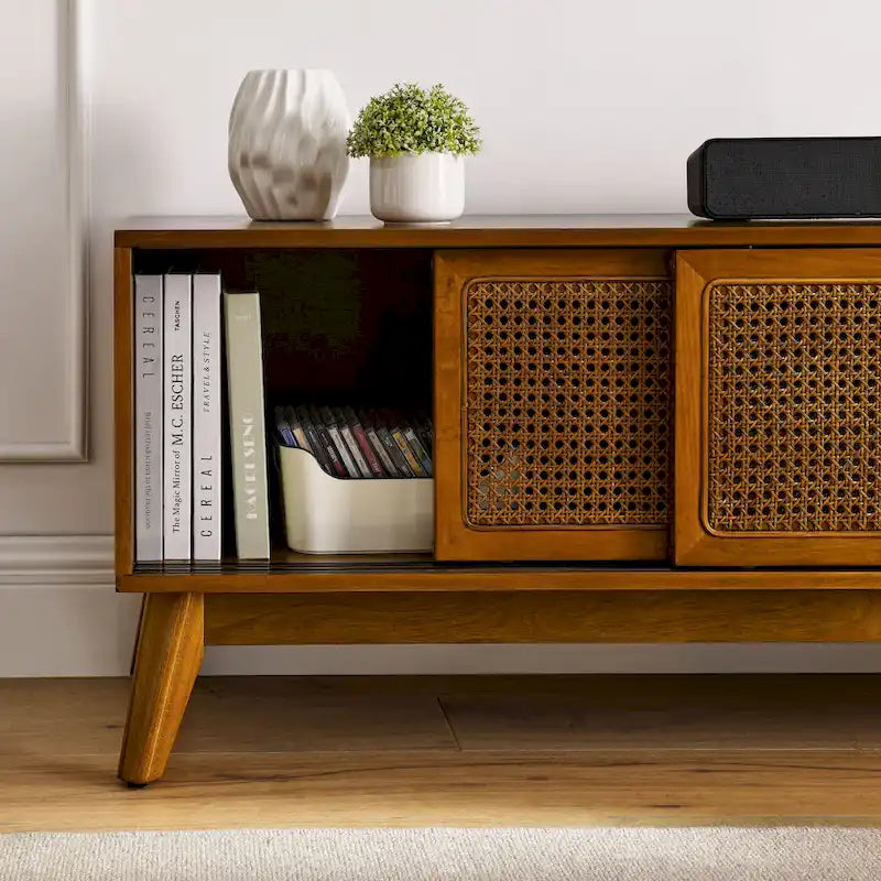 Meuble TV vintage en rotin avec 2 placards de rangement et 4 pieds en bois pour salon, chambre et bureau