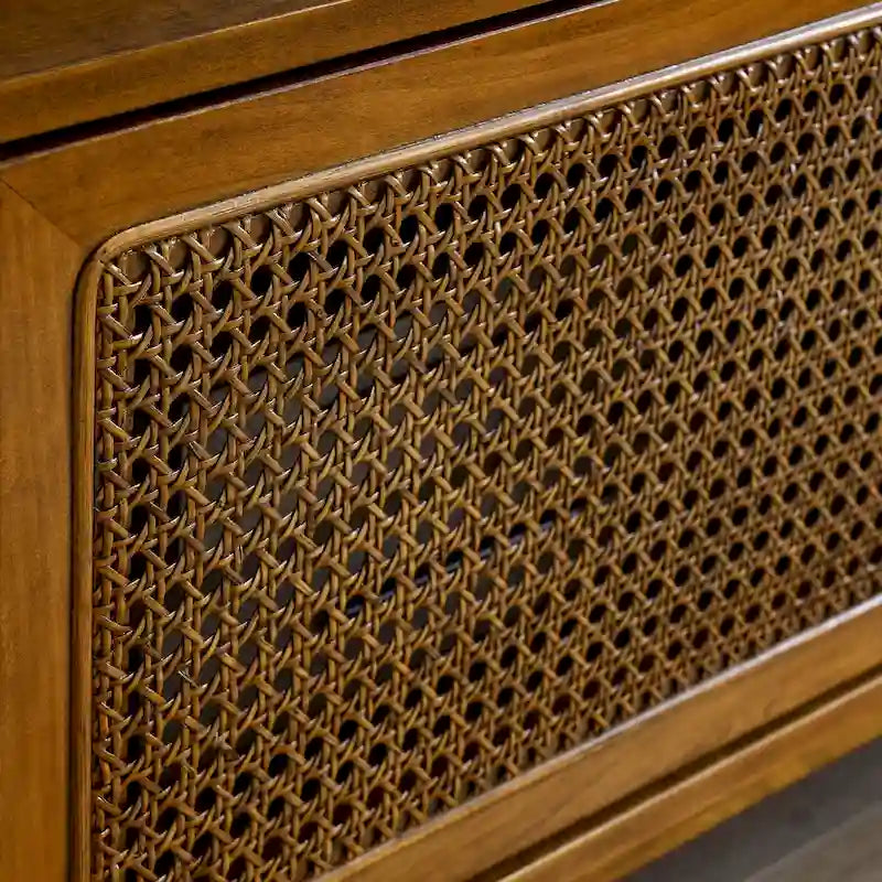 Meuble TV vintage en rotin avec 2 placards de rangement et 4 pieds en bois pour salon, chambre et bureau