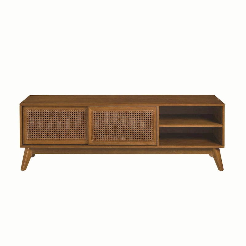 Meuble TV vintage en rotin avec 2 placards de rangement et 4 pieds en bois pour salon, chambre et bureau