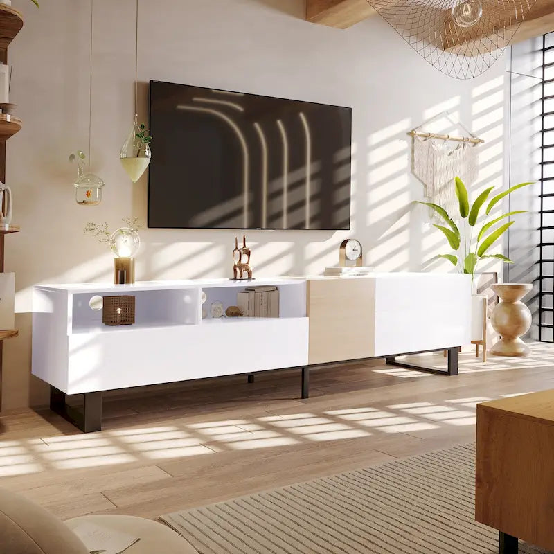 Meuble TV pour téléviseur de 80 pouces avec double espace de rangement, console multimédia, centre de divertissement avec porte abattante