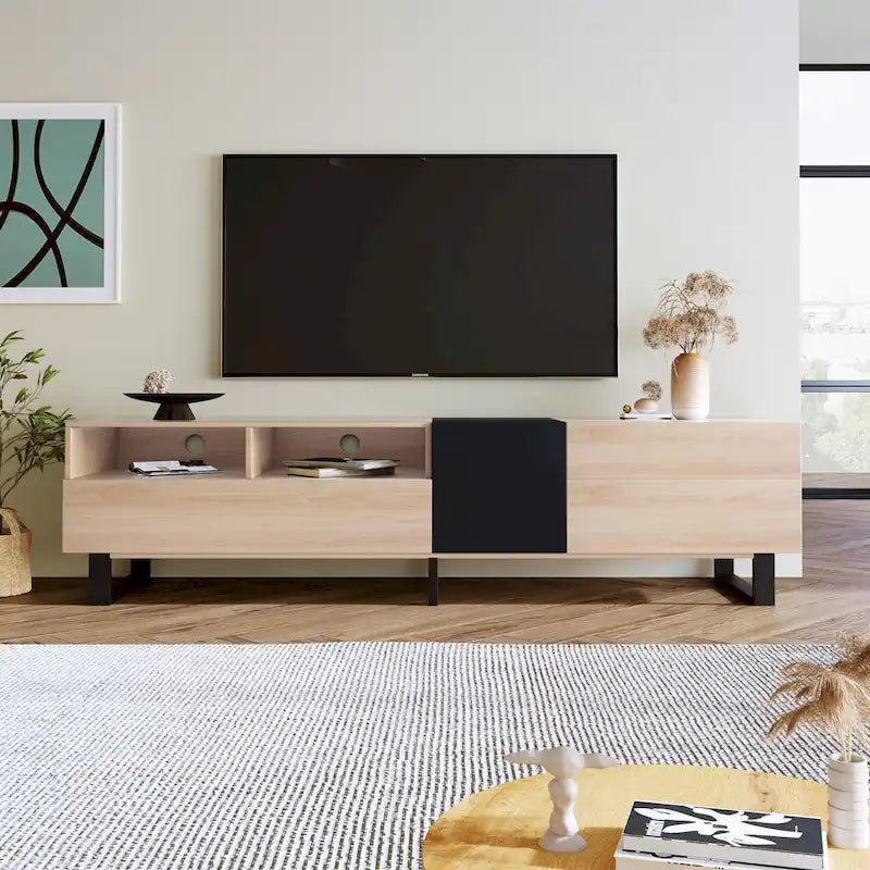 Meuble TV pour téléviseur de 80 pouces avec double espace de rangement, console multimédia, centre de divertissement avec porte abattante