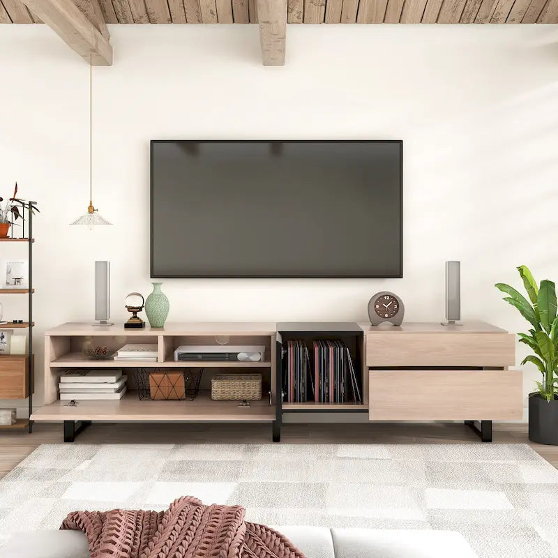 Meuble TV pour téléviseur de 80 pouces avec double espace de rangement, console multimédia, centre de divertissement avec porte abattante
