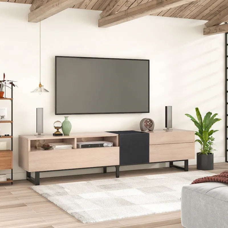 Meuble TV pour téléviseur de 80 pouces avec double espace de rangement, console multimédia, centre de divertissement avec porte abattante