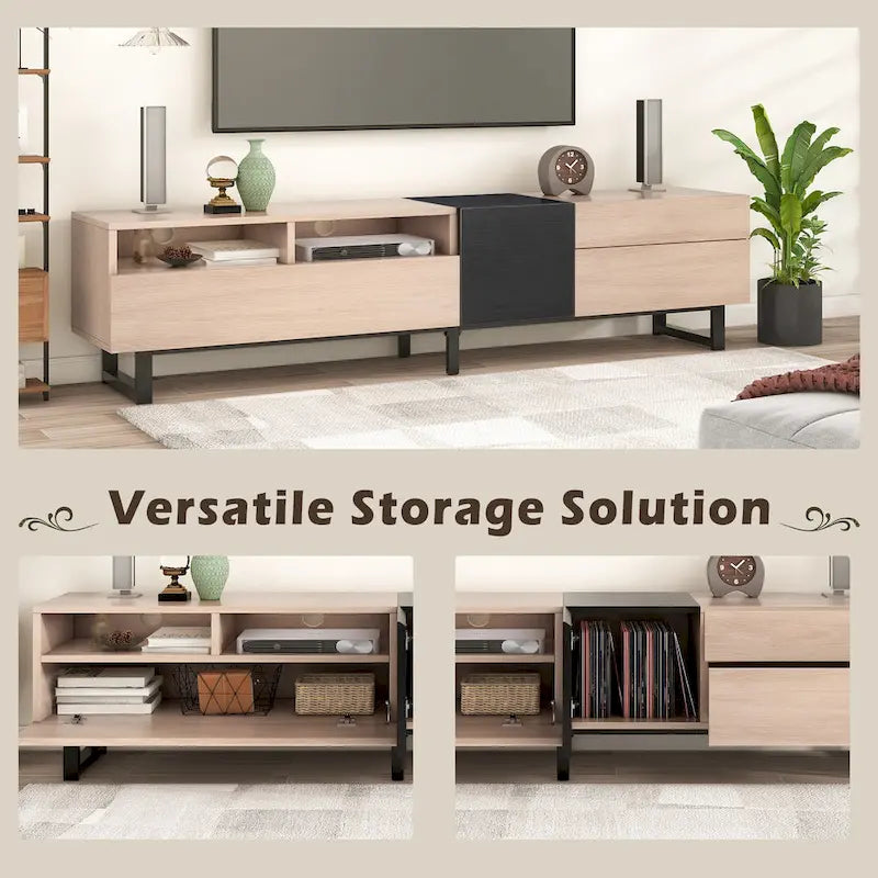 Meuble TV pour téléviseur de 80 pouces avec double espace de rangement, console multimédia, centre de divertissement avec porte abattante