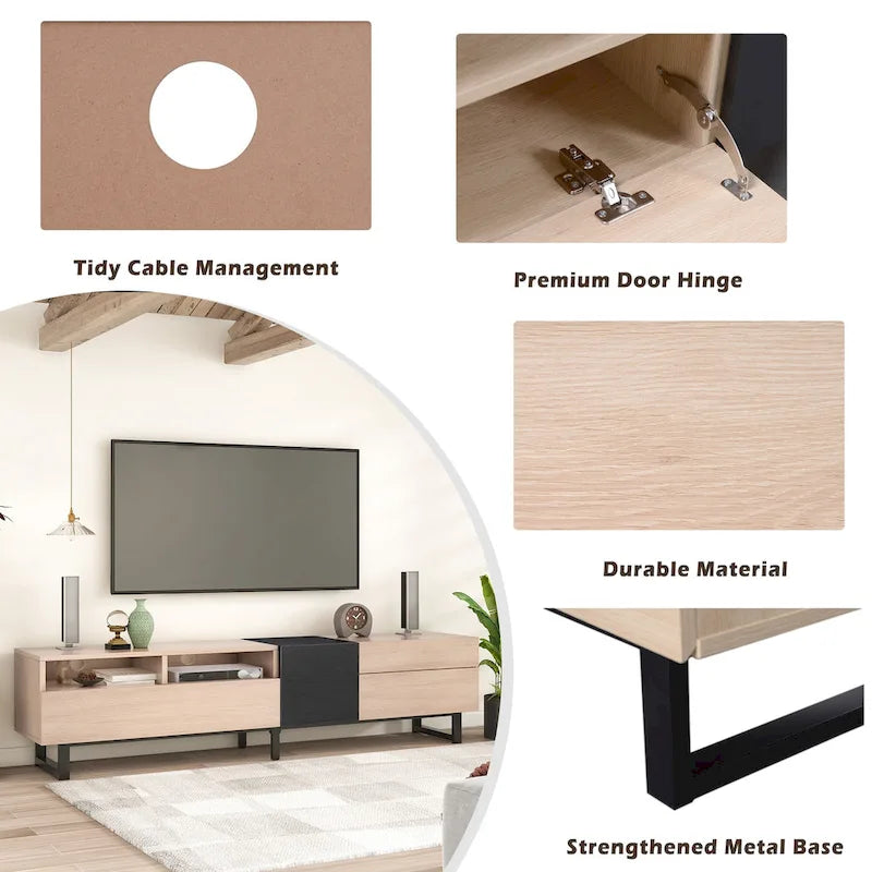 Meuble TV pour téléviseur de 80 pouces avec double espace de rangement, console multimédia, centre de divertissement avec porte abattante