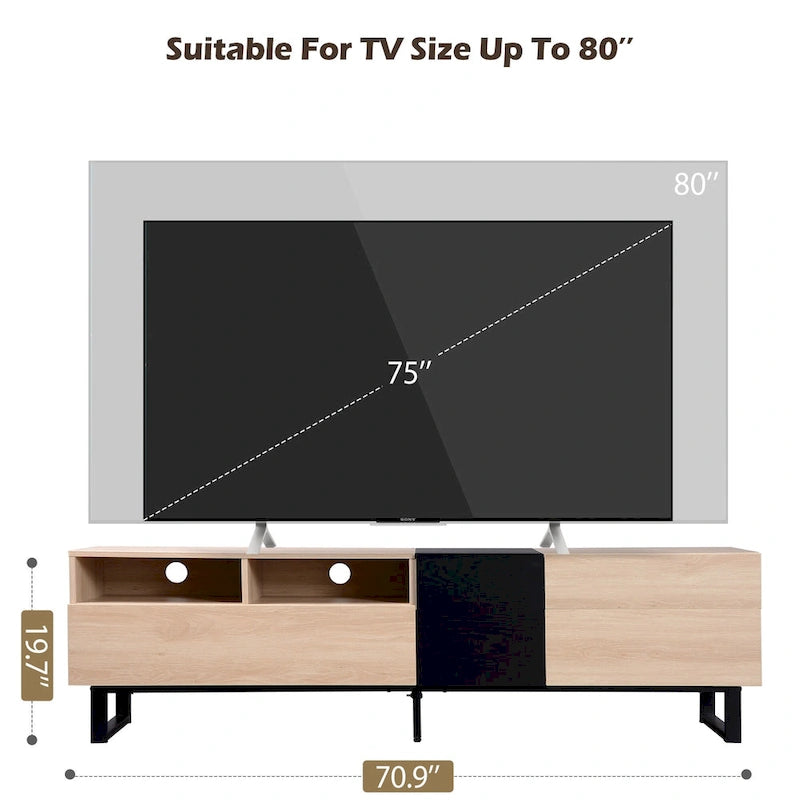 Meuble TV pour téléviseur de 80 pouces avec double espace de rangement, console multimédia, centre de divertissement avec porte abattante