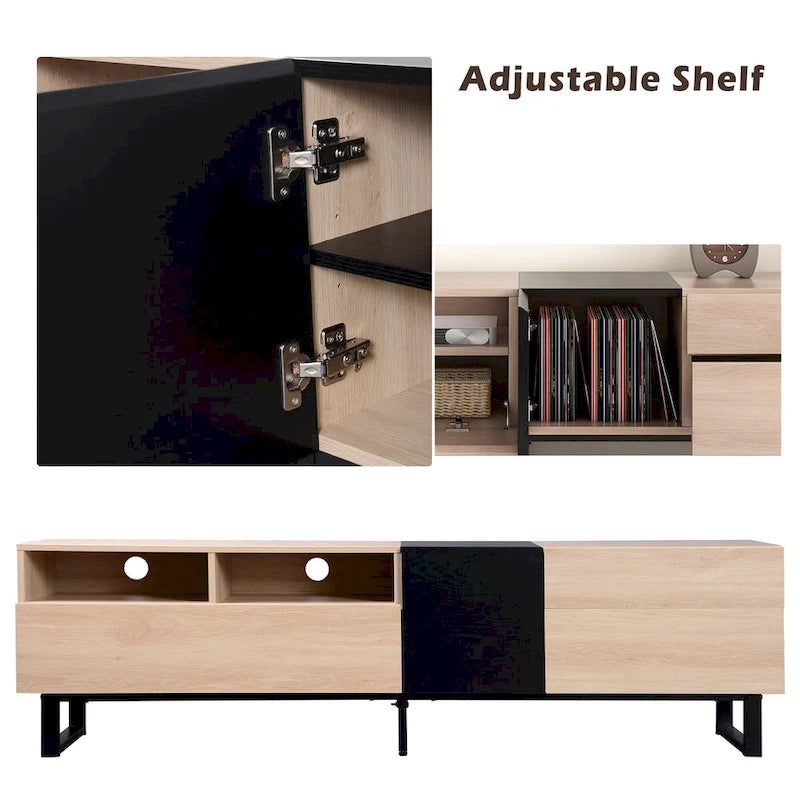 Meuble TV pour téléviseur de 80 pouces avec double espace de rangement, console multimédia, centre de divertissement avec porte abattante