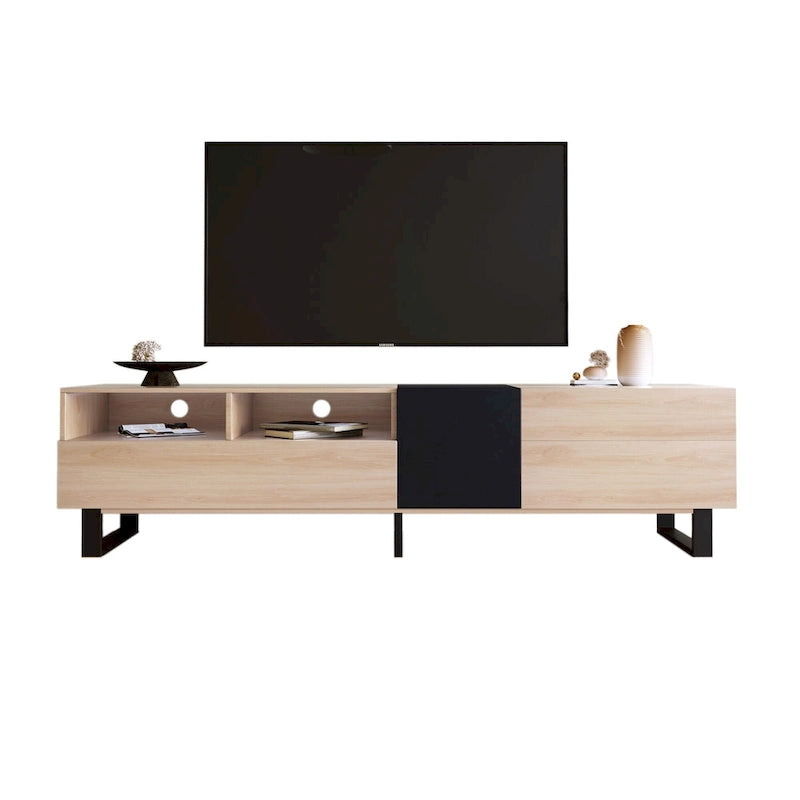 Meuble TV pour téléviseur de 80 pouces avec double espace de rangement, console multimédia, centre de divertissement avec porte abattante