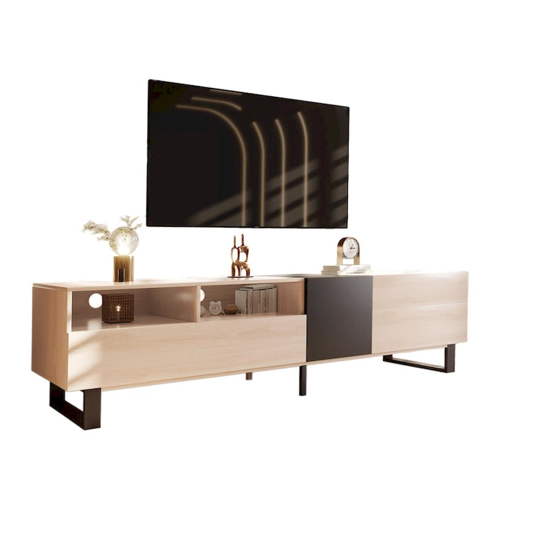 Meuble TV pour téléviseur de 80 pouces avec double espace de rangement, console multimédia, centre de divertissement avec porte abattante