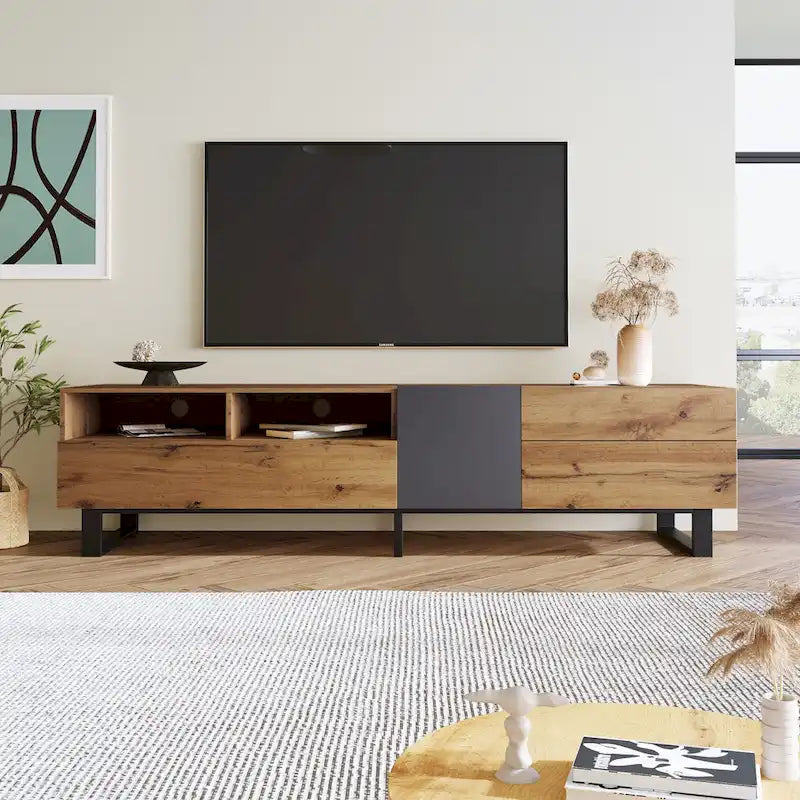 Meuble TV pour téléviseur de 80 pouces avec double espace de rangement, console multimédia, centre de divertissement avec porte abattante